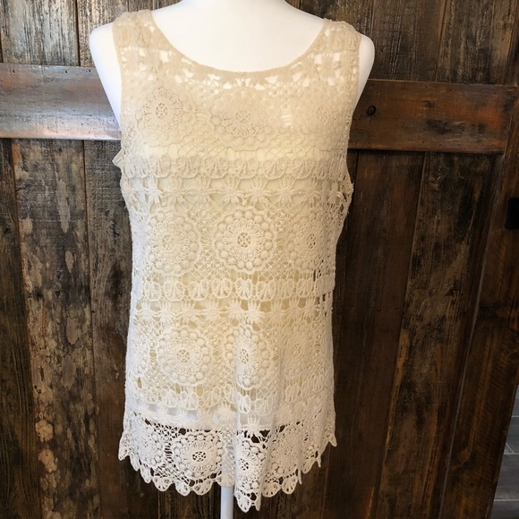 Adiva Tops - Vintage Beige Lace Evening Top, M